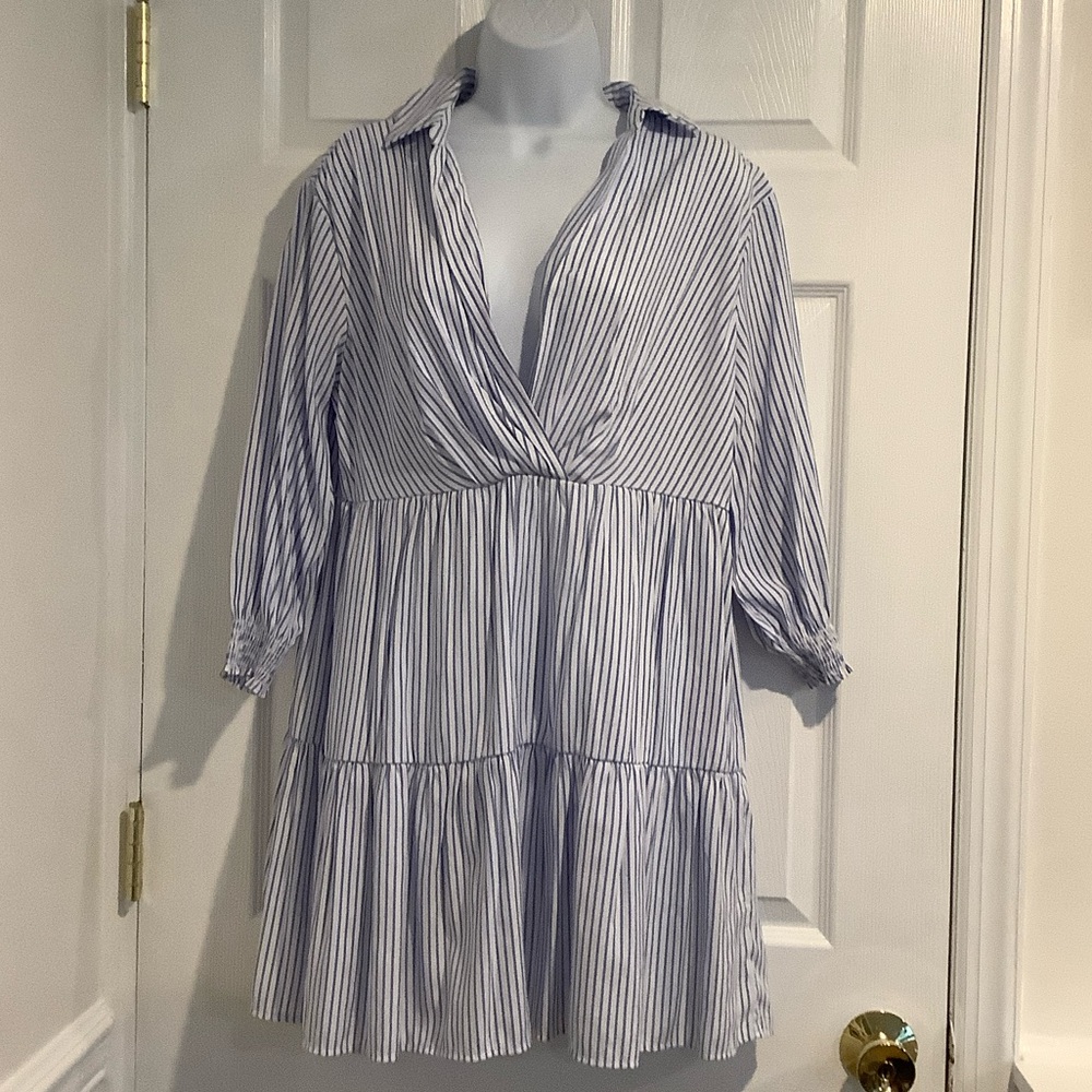 NWOT ZARA White/Blue Striped Oversized Nautical Coastal Grandma Preppy Dress S